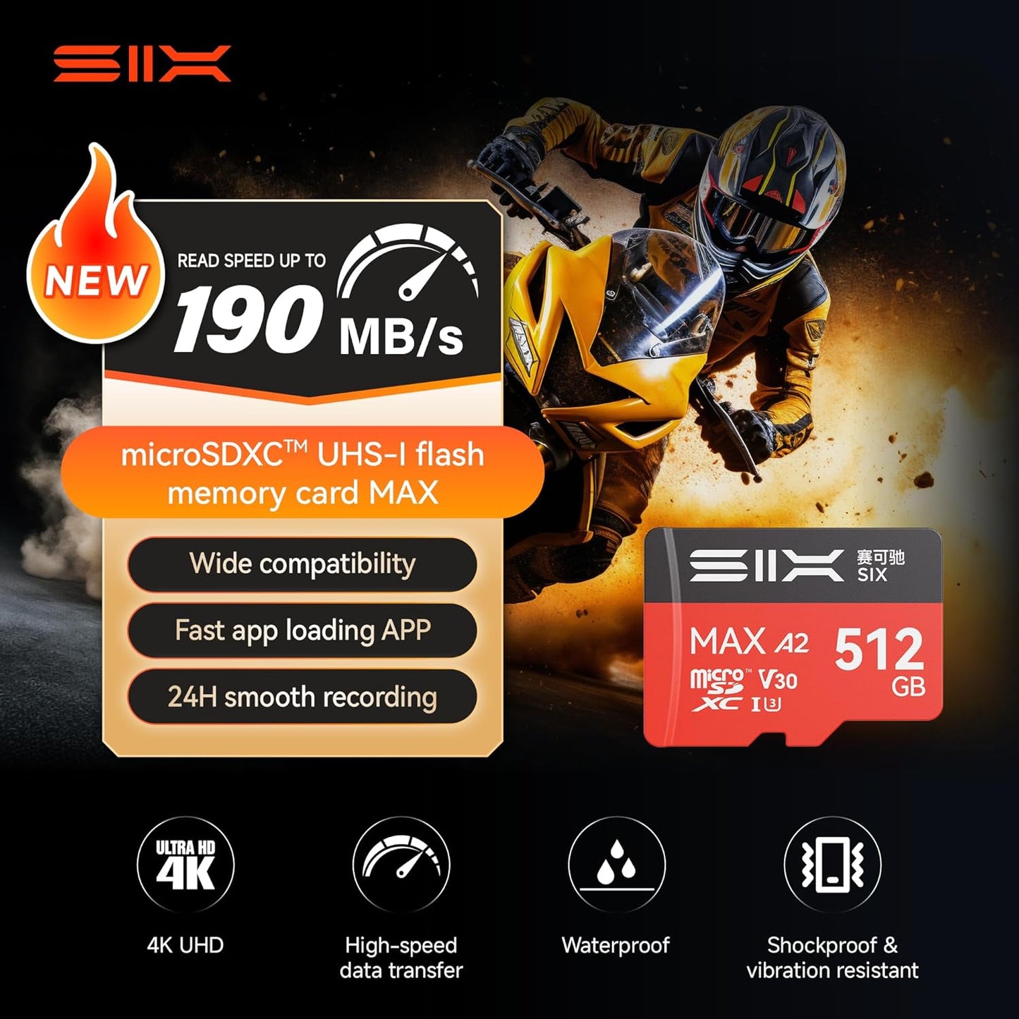 SIX M200 128GB 190MB/s 4K A2, U3, V30 128GB Micro SD Card Read Up to for UHD Continuous Recording - microSDXC Memory