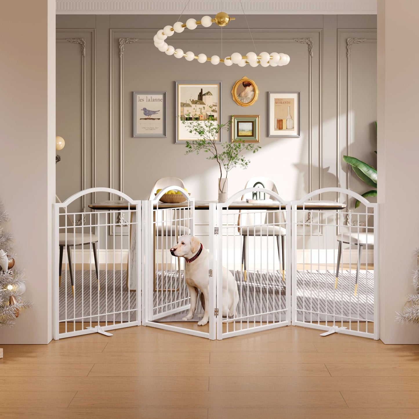 BHG Metal No-Assembly Freestanding Dog Gate with Door Walk Through, Extra Wide 96", Extra Tall 32" Pet Gate, Accordion Puppy Folding Playpen Dog Fence, with 2PCS Support (White, 4 Panels)