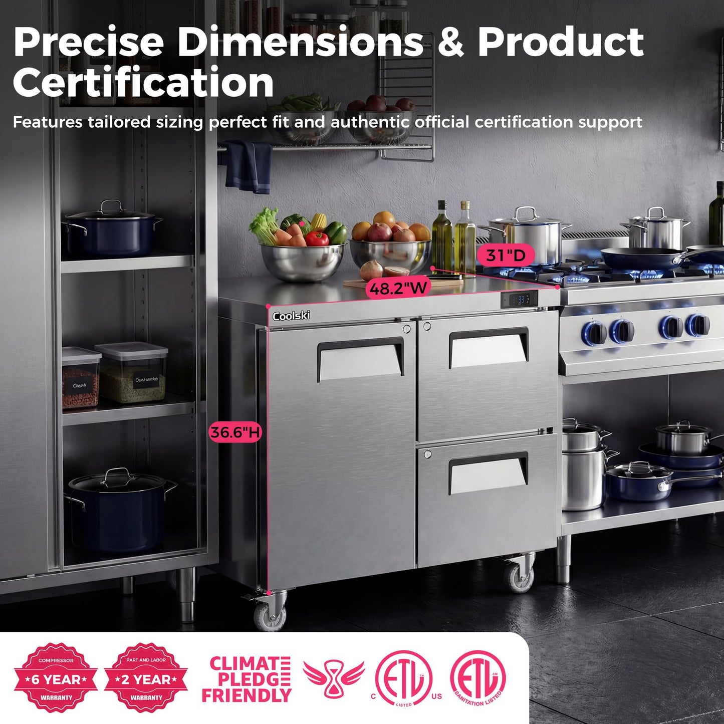 Coolski 48" W Commercial Undercounter Refrigerator with Drawer/Door Combo, 12.1 Cu.ft. Freestanding Stainless Steel with 4 Pans, 2 Drawers Under Counter Worktop Fridge for Restaurant, Bar, Kitchen Use