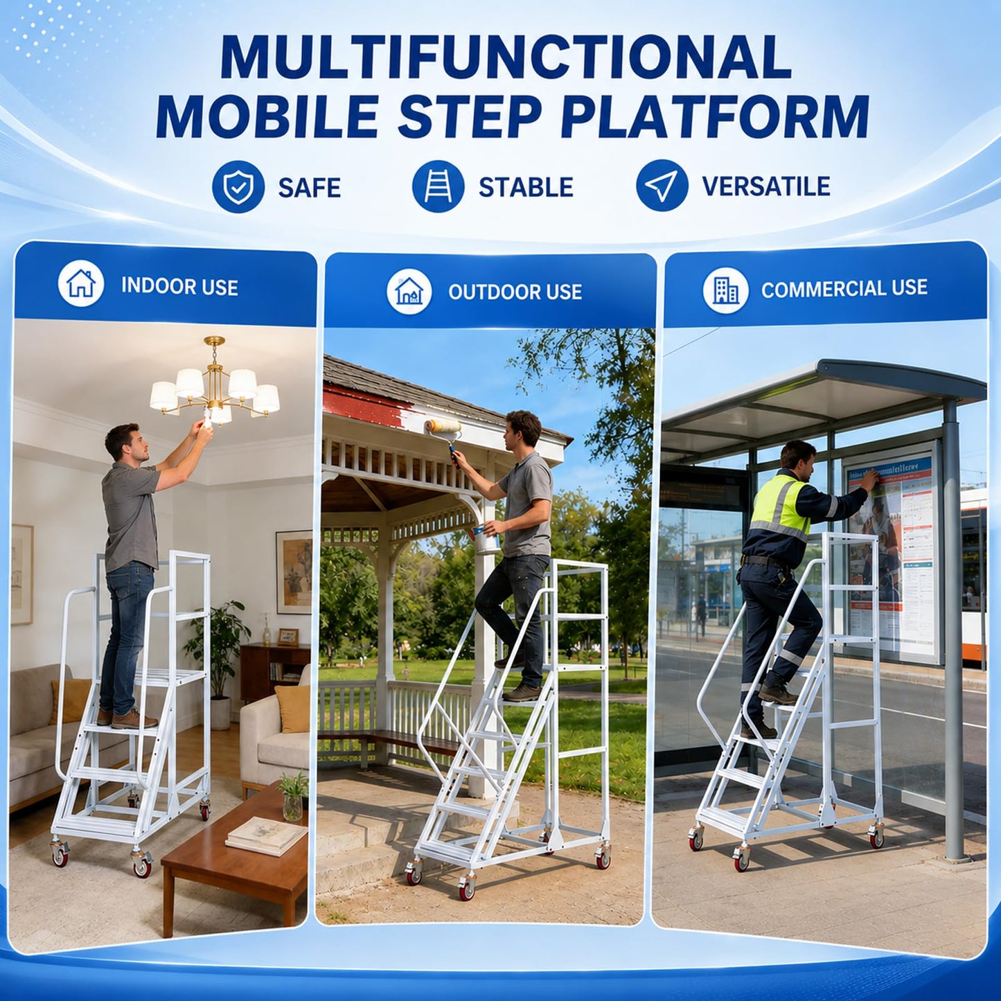 6-Step Rolling Warehouse Step Ladder, Lockable Wheels, Non-Slip Wide Steps, Dual Handrails, Movable Platform Ladder, Rolling Stairs for Warehouse, Supermarket, Library (White, 6 Steps)