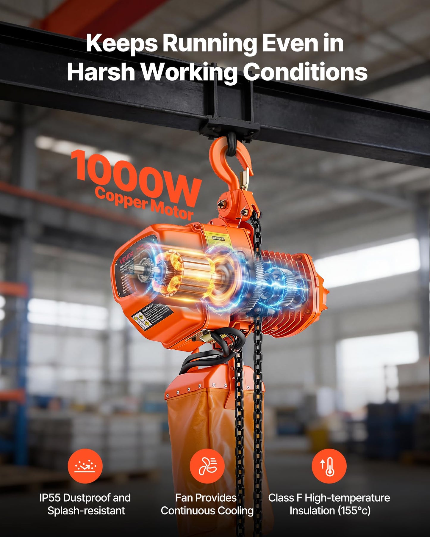 VEVOR 2200 lbs Electric Chain Hoist 2-Speed, 20 ft Lifting Height, 3-Phase 480V Overhead Crane with 328 ft Wireless & 15 ft Wired Remote Control, G80 2-Chain Hoist for Factory, Warehous, Garage