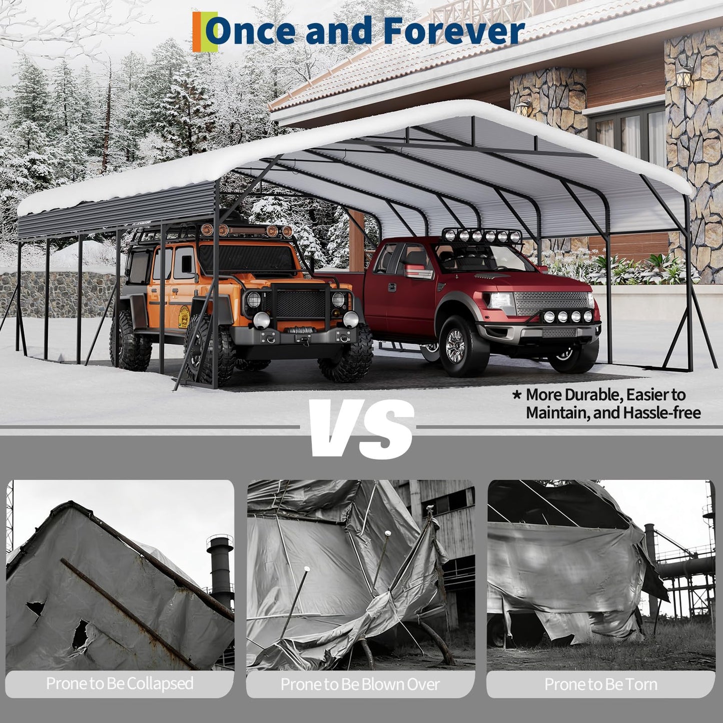 Metal Carport, Carport with Reinforced Base and Galvanized Steel Roof, Heavy Duty Garage Car Shelter Shade, Outdoor Car Port Canopy 20X25 ft
