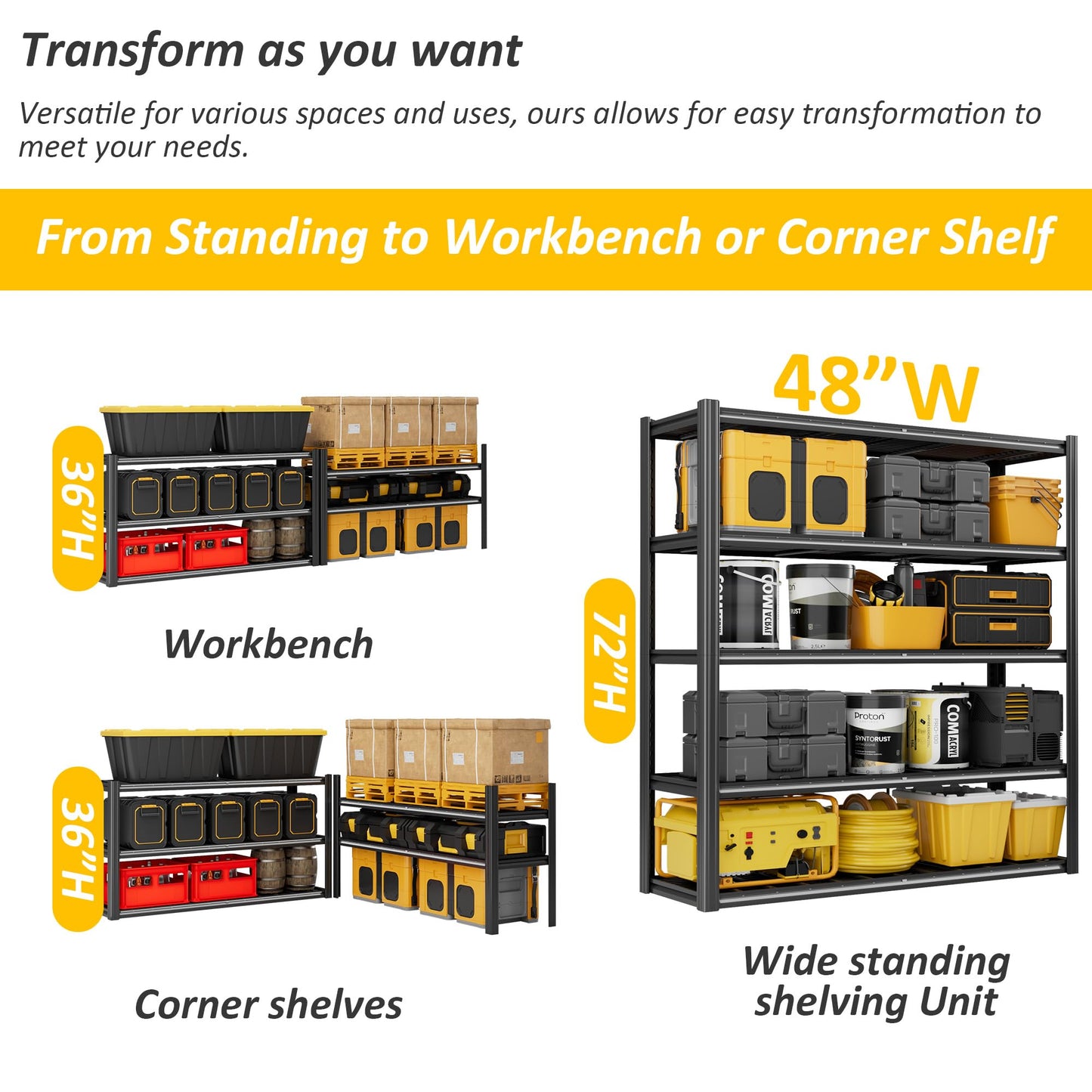 Durstruct 5 Tier Heavy Duty Metal Storage Rack, 48”W x 24”D x 72”H, Adjustable Shelving Unit with 3000 LBS Total Load Capacity, for Warehouse, Garage, Kitchen, Bathroom,Industrial