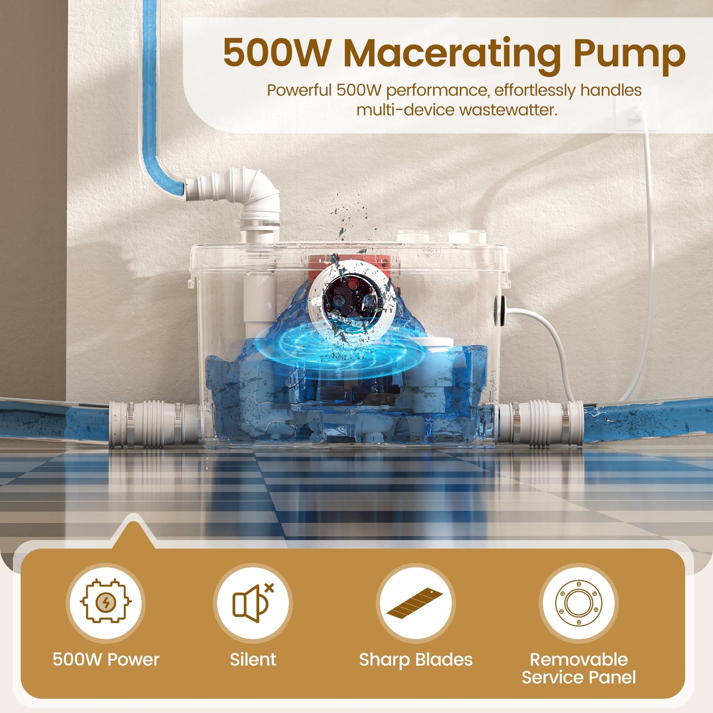 SUPERFLO Macerating Toilet System 500W Upflush Toilet for Basement with 4 Water Inlet for Basements & Garage, Macerator Toilets Pump System - Easy Install & 1.28GPF Dual Flush