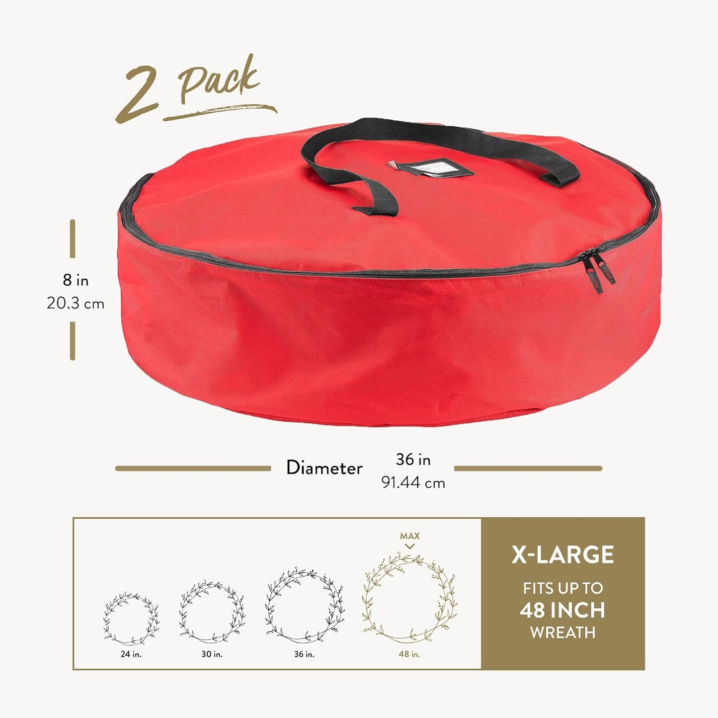 ZOBER Oxford Christmas Wreath Storage Container - 48 Inch Waterproof Wreath Bag with Dual Zippers & Durable Handles - Red
