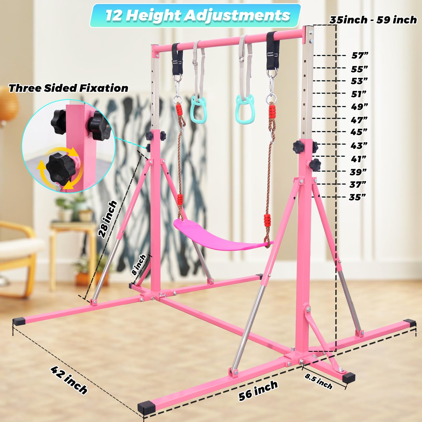 FC FUNCHEER Foldable Gymnastics Bar,5FT Horizontal bar,Adjustable Kids Training bar for Kids Ages 3-15,Kids Gymnastics bar,Triangle Stable Structure-Gym Equipment for Home