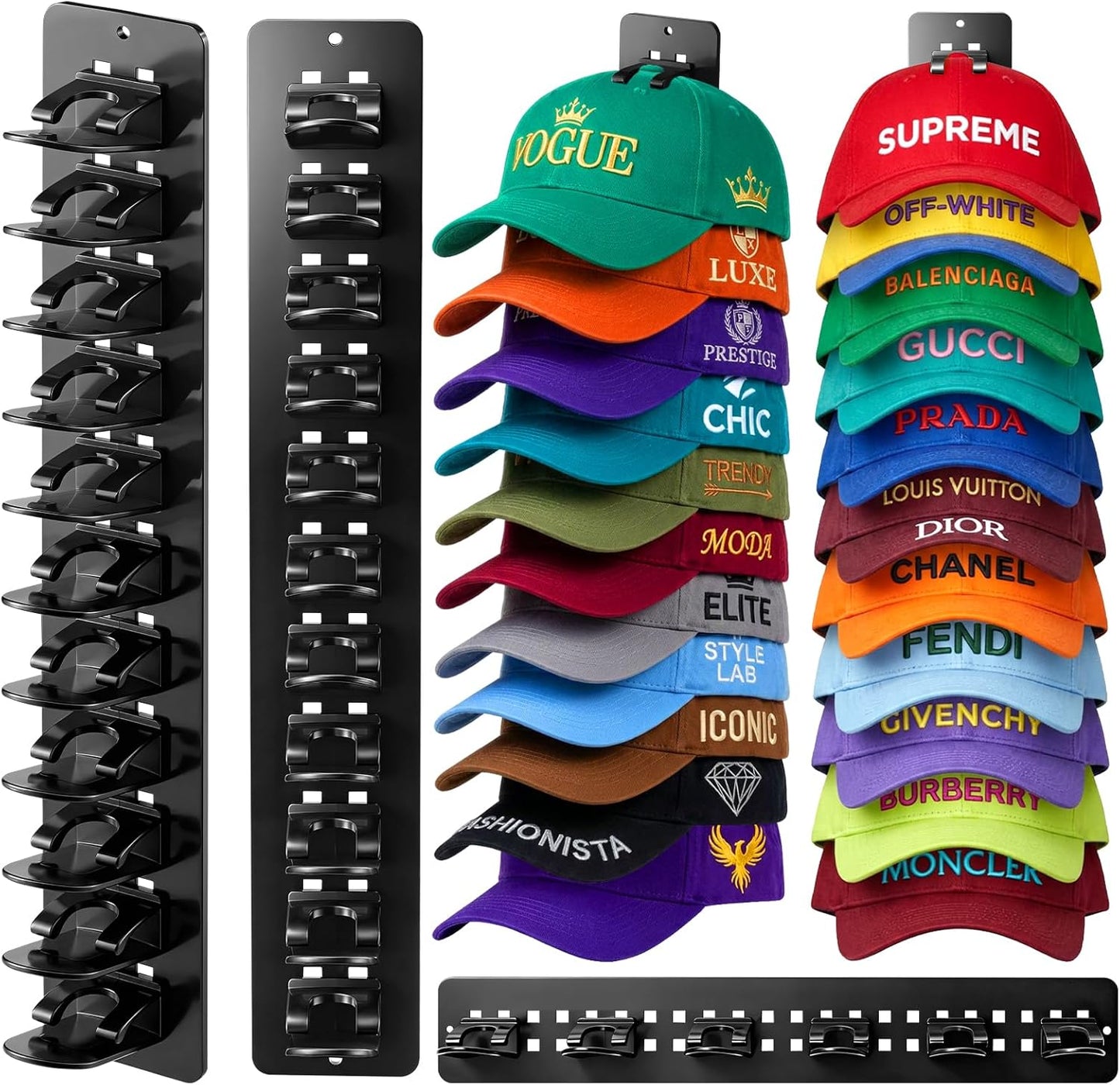 Skiennix Hat Hook Organizer - 2 Pack Baseball Cap Hanger with Strong Adhesive | Multi-Layer Storage for 20 Caps - Black
