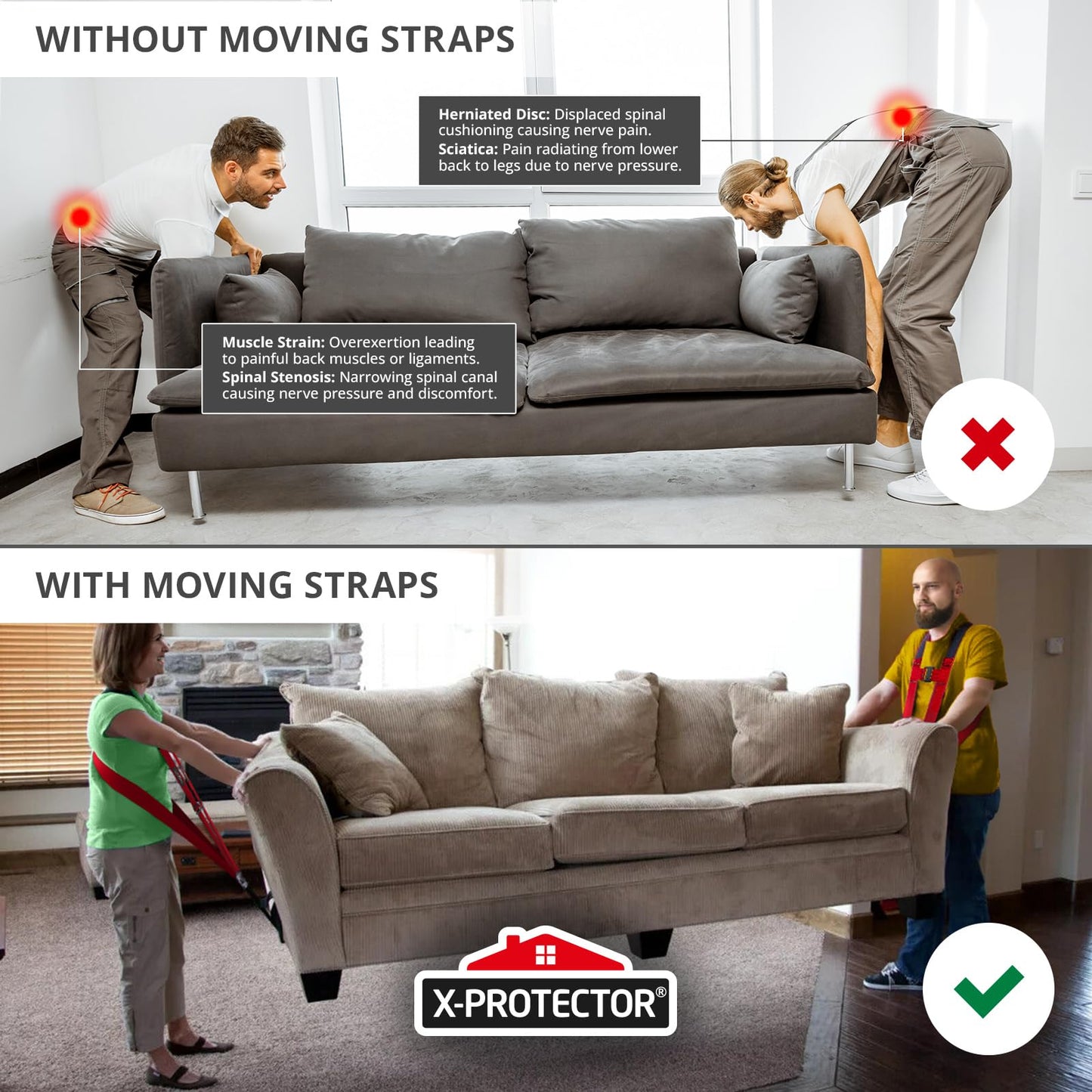 X-Protector Moving Straps - 2 Pairs - Lifting Straps for 2 Movers - Move Furniture Easily and Safely - Perfect for Lifting & Moving Heavy Objects (Adjustable Length 50-118”)