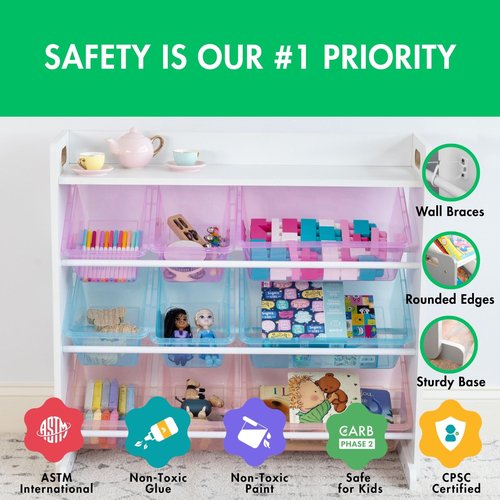 Humble Crew Toy Storage Organizer with 9 Removable Storage Bins for Kids Playroom, 3-Tier with Top Shelf Toddler Toy Organization and Storage, White/Purple/Pink/Blue