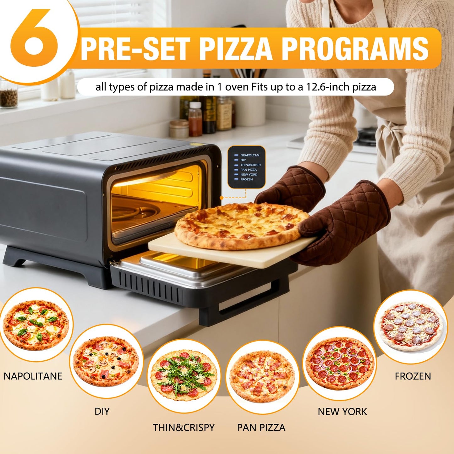 NEWBULIG Pizza Oven Indoor, Electric Pizza Maker Countertop with 6 Presets, Heats to 750°F, 1600W, Makes 12.6'' Pizzas, Includes Stone & Spatula, Touchscreen & Mechanical Control Knobs