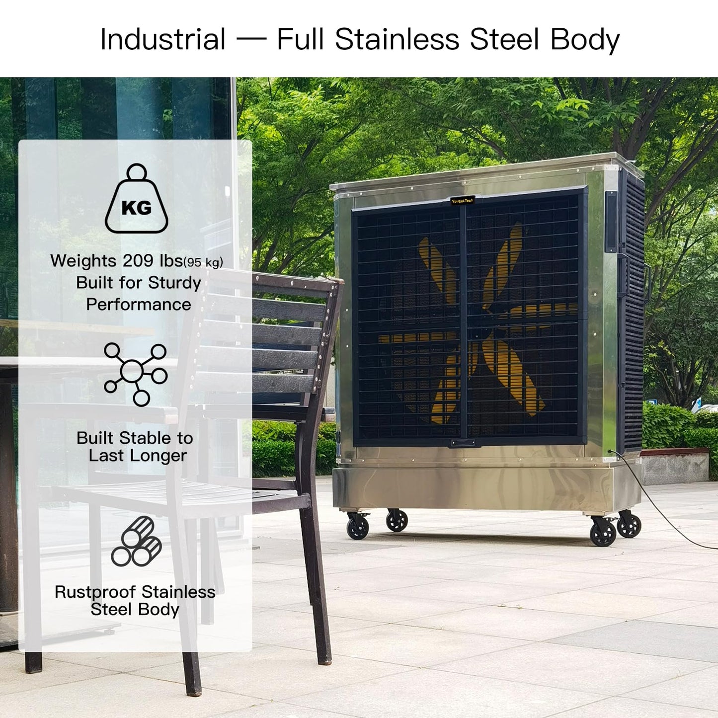 YougetTech 18000 CFM Industrial Swamp Cooler, 43.6Gal Stainless Steel Evaporative Air Cooler, 7‑Speed Oscillating Fan for Warehouse Factory Workshop