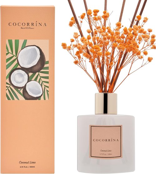 Cocorrína Premium Reed Diffuser Set - Coconut Lime Scent with Preserved Baby's Breath | 6.7oz Home Décor