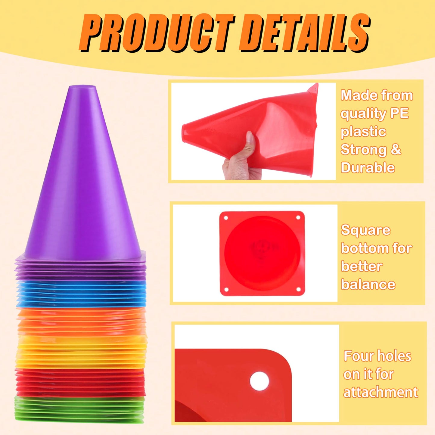 Qtheaes 7" Soccer Cones for Training, 36 Pack Sports Agility Field Plastic Small Cones for Kids Skating Basketball Football Practice Drills, 6 Colors