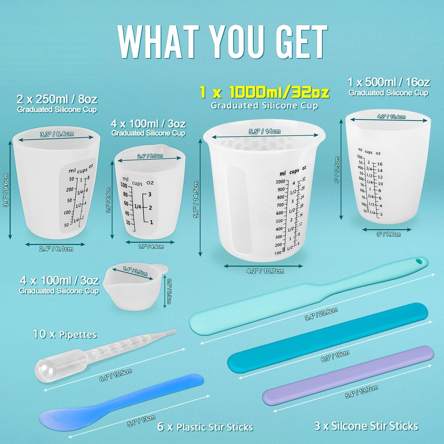 SWIGRANCE Silicone Resin Mixing 1L Measuring Cup Set for Resin Supplies, Easy-to-Read Marks, 1000ml/32oz Large Cup, 500&250&100ml Thickened Reusable Silicone Cups for Epoxy Mixing, Jewelry Making