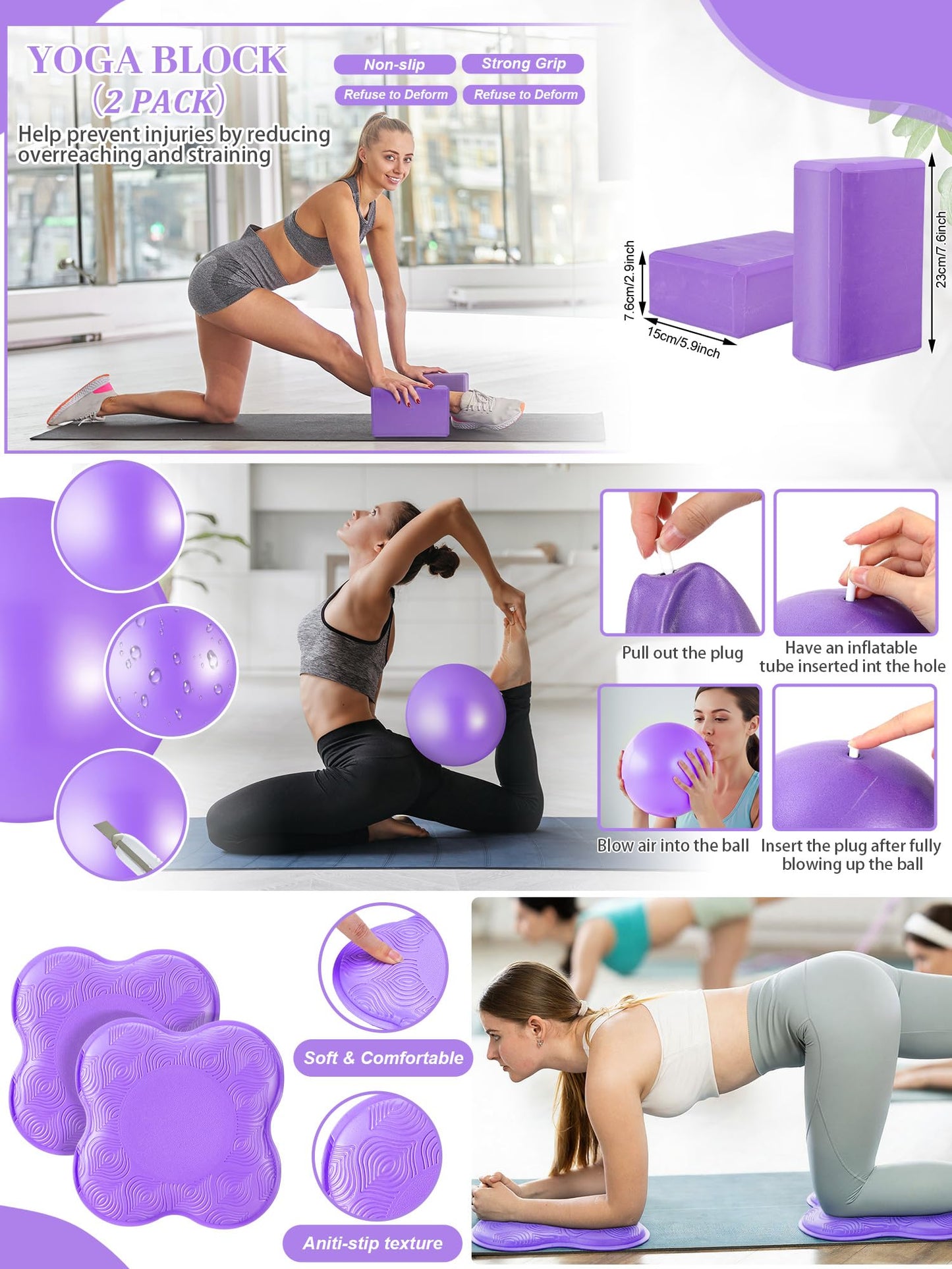 17 Pcs Yoga Essential Kit for Women, Pilates Equipment Starter Set for Beginners with Yoga Wheel Ball Blocks Strap Resistance Bands Wrist Rings Socks Towel & Carry Bag for Home Workouts(Purple)