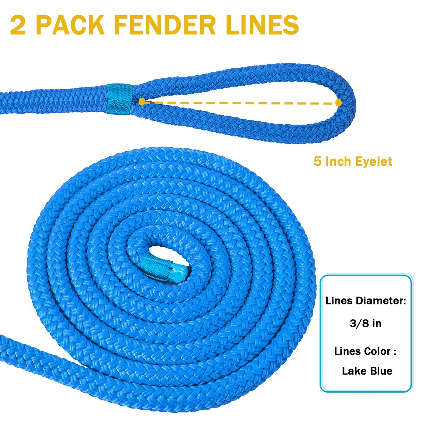 2 Pack 3/8'' x 6' Boat Fender Lines for Mooring, Docking Ties & Small Boat,Premium Marine- Grade Double Braided Nylon Boat Rope with a 5" Eyelet,Anti-Wear & Weather-Resistant-Lake Blue