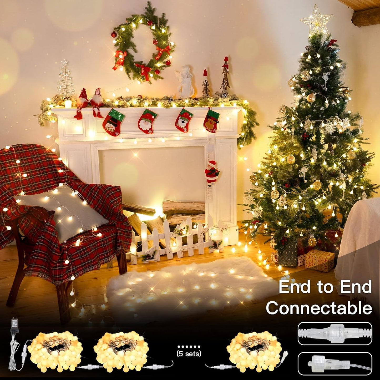 Suddus Globe String Lights - 66ft 200 LED Indoor/Outdoor Fairy Lights with Remote | Warm White