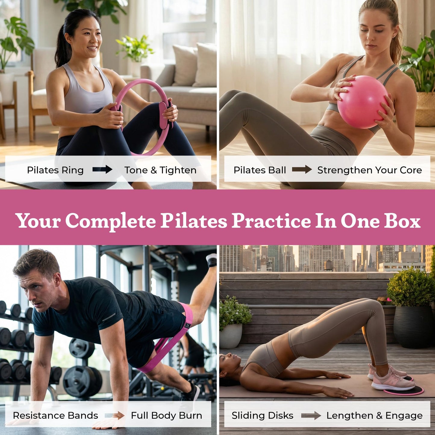 Prospervere Premium Pro Pilates Kit – 15 inch Pilates Ring and Ball Set w/ 1lb Ankle Weights, Fabric Resistance Bands, Sliders, Yoga Socks & Gym Bag – Blush Energy (Pink)