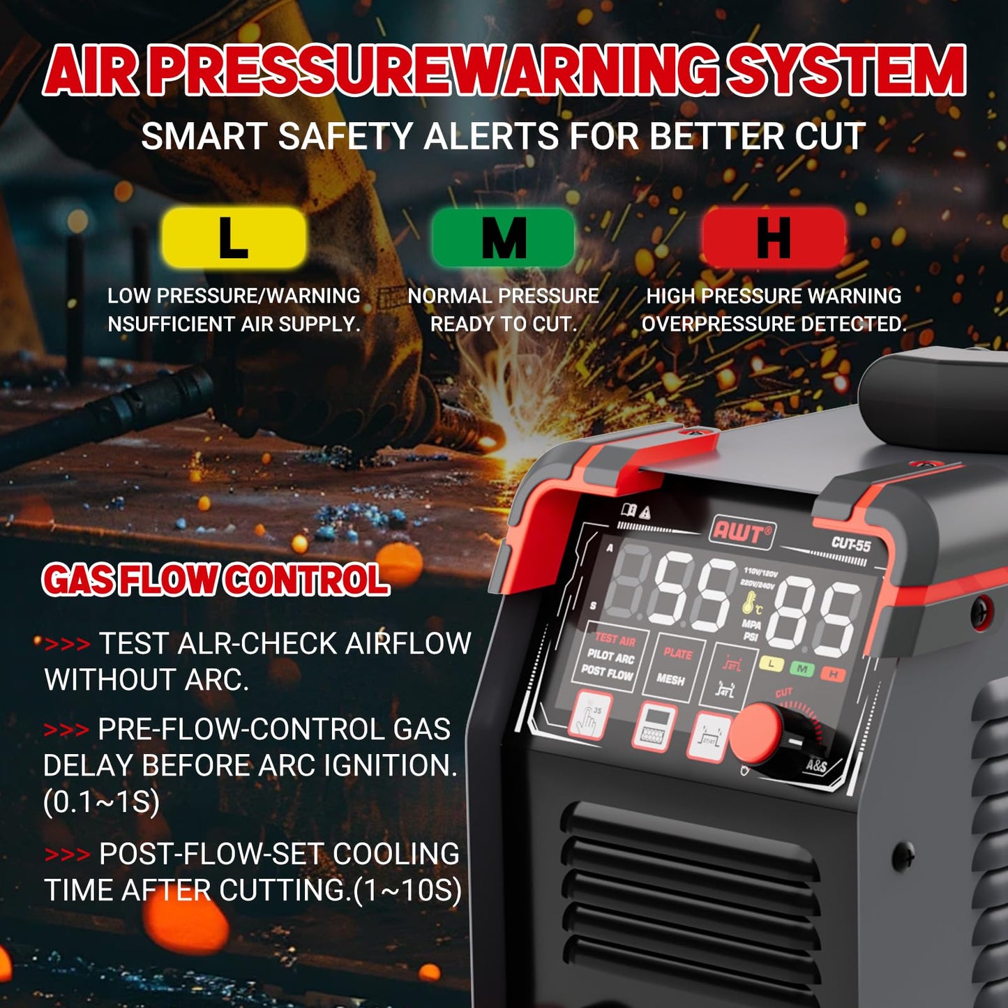 AWT Plasma Cutter,Large LED Display Cutter Machine 55Amps with Non-Touch Pilot Arc,110/220V Dual VoltagePlasma Cutting Machine,IGBT Inverter Air Sensor Technology&2T/4T,Max Cut 3/4"Plate/Mesh Cutting