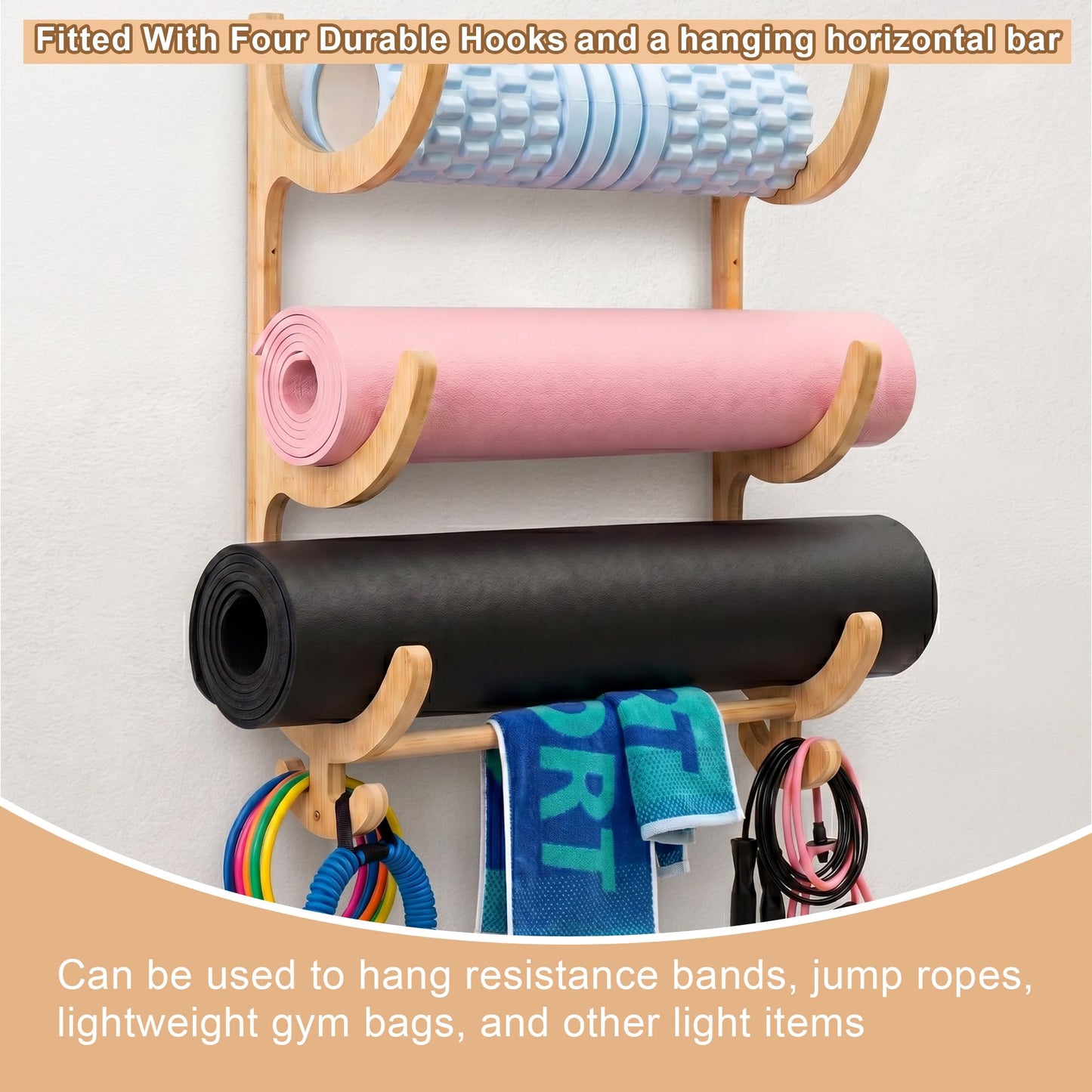 Upgraded 3 Tier Wooden Yoga Mat Holder Wall Mount with Bottom Hanging Bar, Yoga Mat Storage Rack with 4 Multi-Purpose Hooks, Foam Rollers and Resistance Band Hanger for Home Gym or Fitness Class