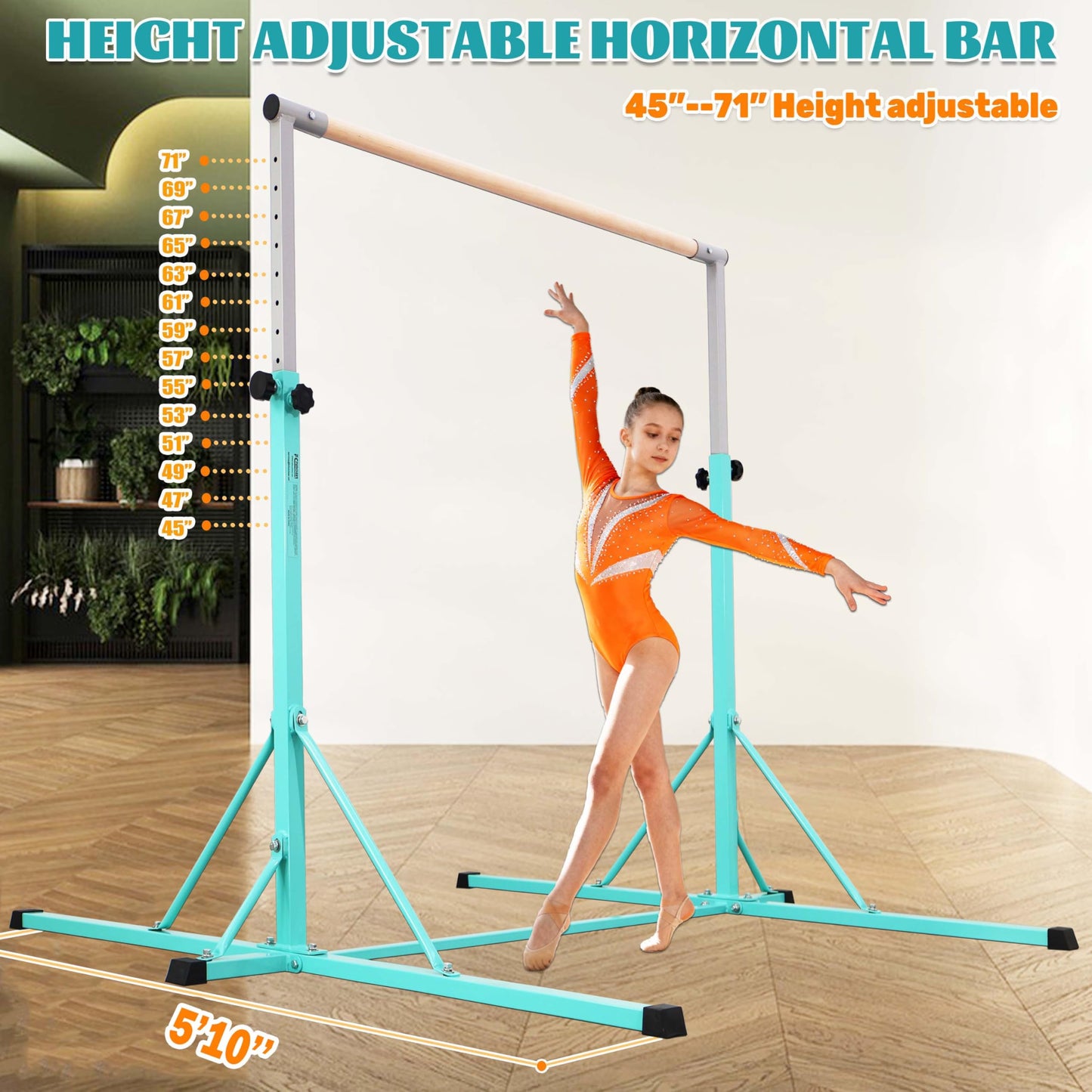 FC FUNCHEER Gymnastics bar,5FT/6FT Horizontal Bars, Adjutable Gymnastic Bar for Kids Ages 5-20, 35.4" to 59"/45" to 71", Weight Limit 500 LBS,Home Gym Equipment