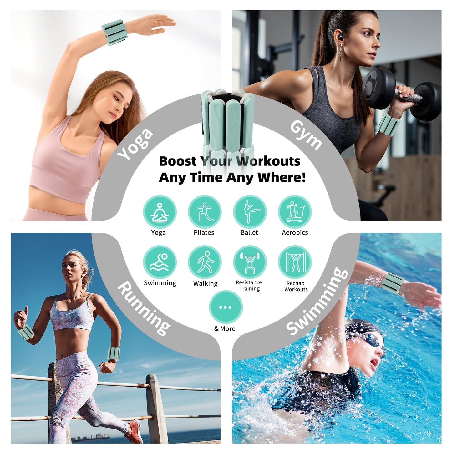 Ankle Weights for Women Men, Silicone Wrist Weights Set of 2 - Wearable Leg Weights/ Arm Weights Ideal for for Home Gym Workout, Running, Yoga, Pilates, Barre, Exercise, Strength Training (Blue+Dark Gray, 4 lbs Pair (2 lb Each))