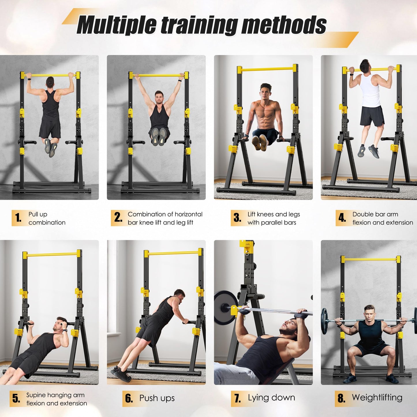 soges Foldable Power Tower, Pull Up Dip Station for Home Gym, 500 LBS Capacity Power Tower with Triangular Design, Adjustable Height Pull Up Bar for Full Body Workout (Yellow)