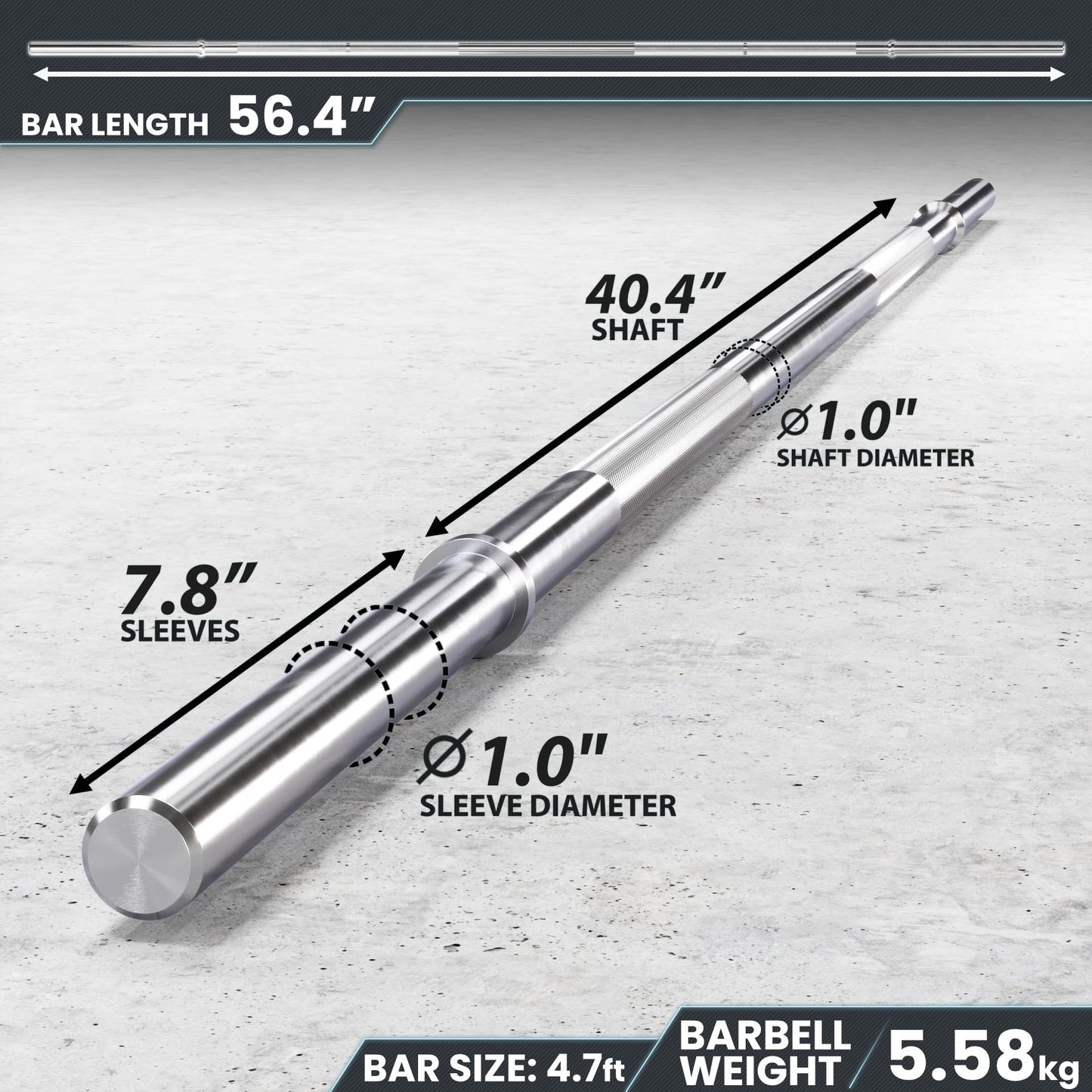 Synergee 1" Olympic Barbell Standard Weightlifting Barbell. 4.7'-foot Bar Weighing 5.58 KG/12.3 LB. Compatible with 1”-Opening Plates.