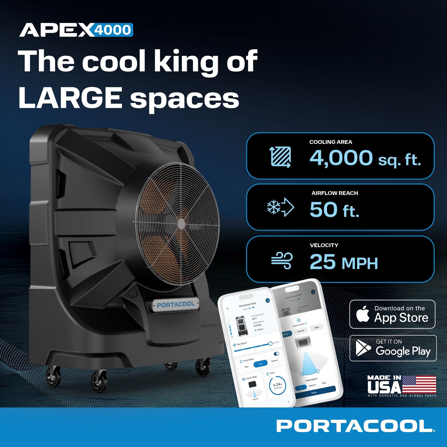Portacool Apex 4000 (PACA40001A1) – Wi-Fi Enabled High Velocity Portable Evaporative Cooler for 4000 sq. ft. with up to 50-foot Reach, Programable, 55 Gallon Reservoir, Variable Speed