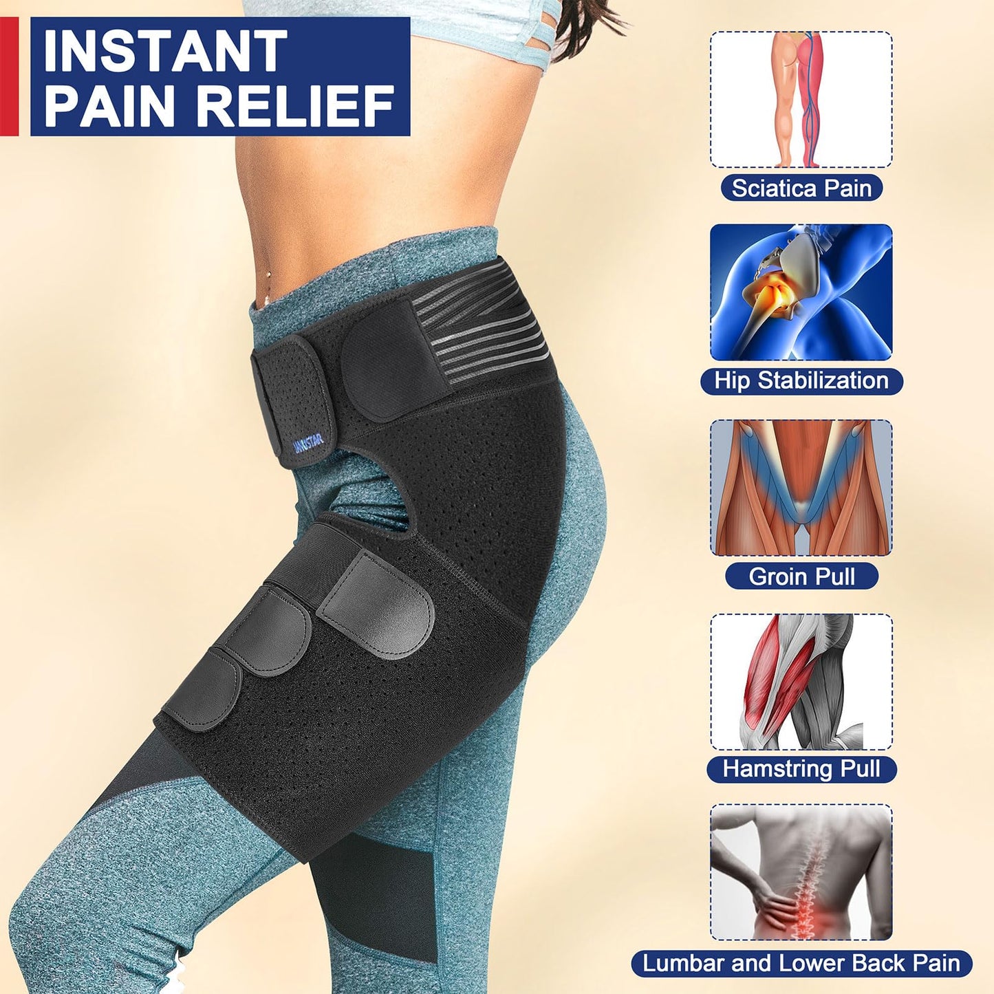 Janustar Sciatica Pain Relief Devices, Hip Brace for Women Men, Thigh, Groin, Hamstring Compression Sleeve