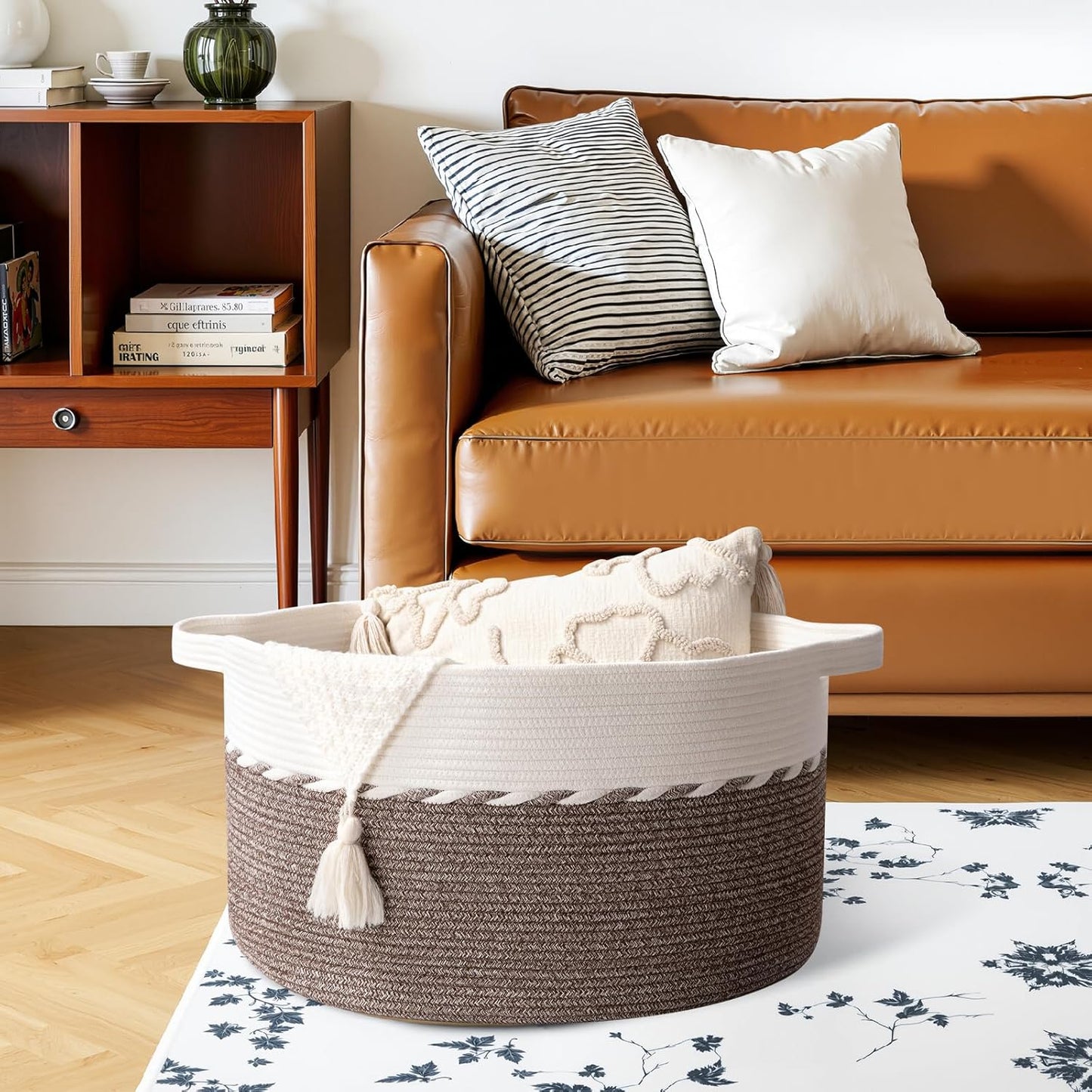 OIAHOMY 90L Blanket Basket - Large 23" x 23" x 13" Storage Solution with Handles for Laundry, Toys & More - Brown & White