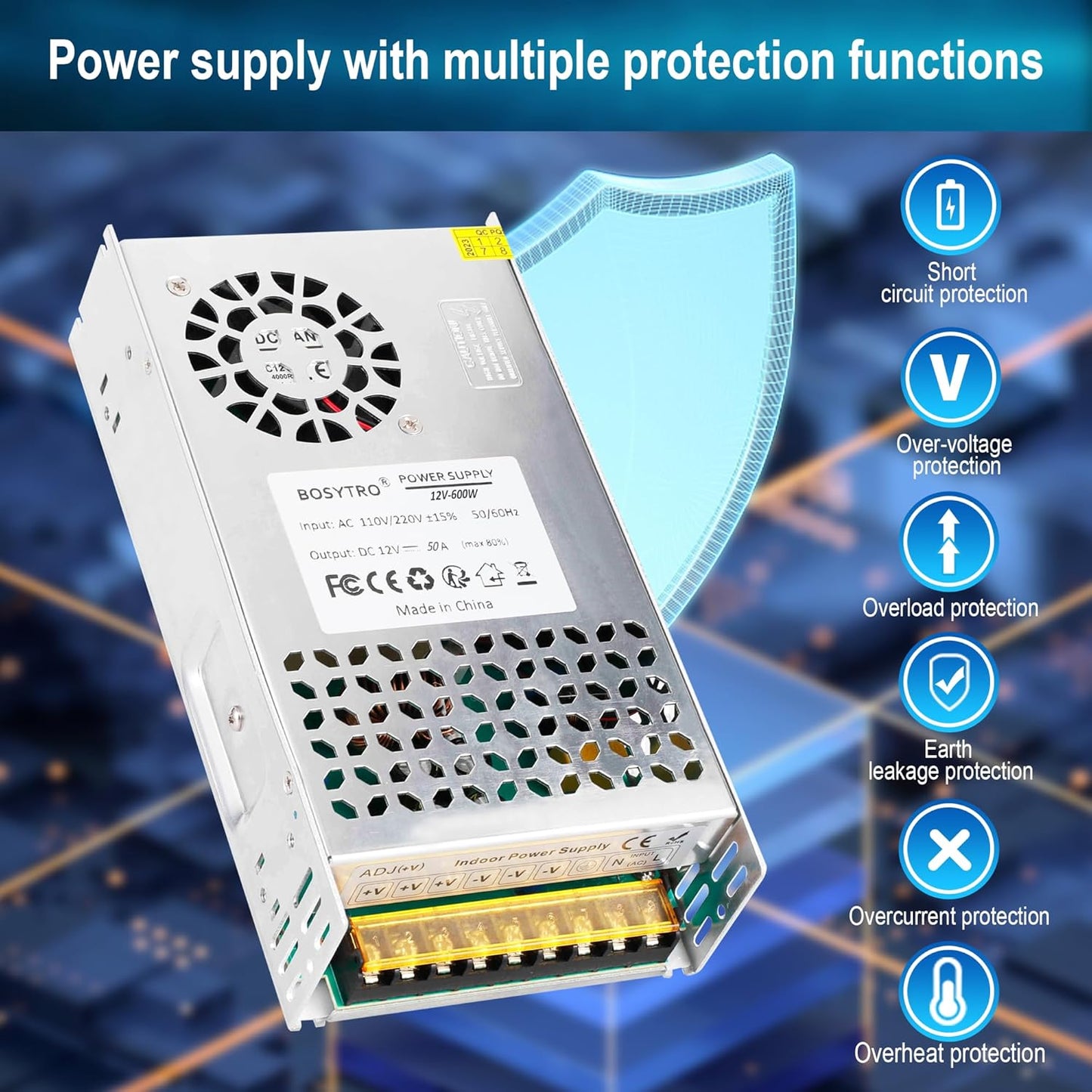 BOSYTRO 12V 50A 600W AC110V/220V 12 DC Switching Power Supply, Universal Regulated Switching (SMPS), Volt Power Supply