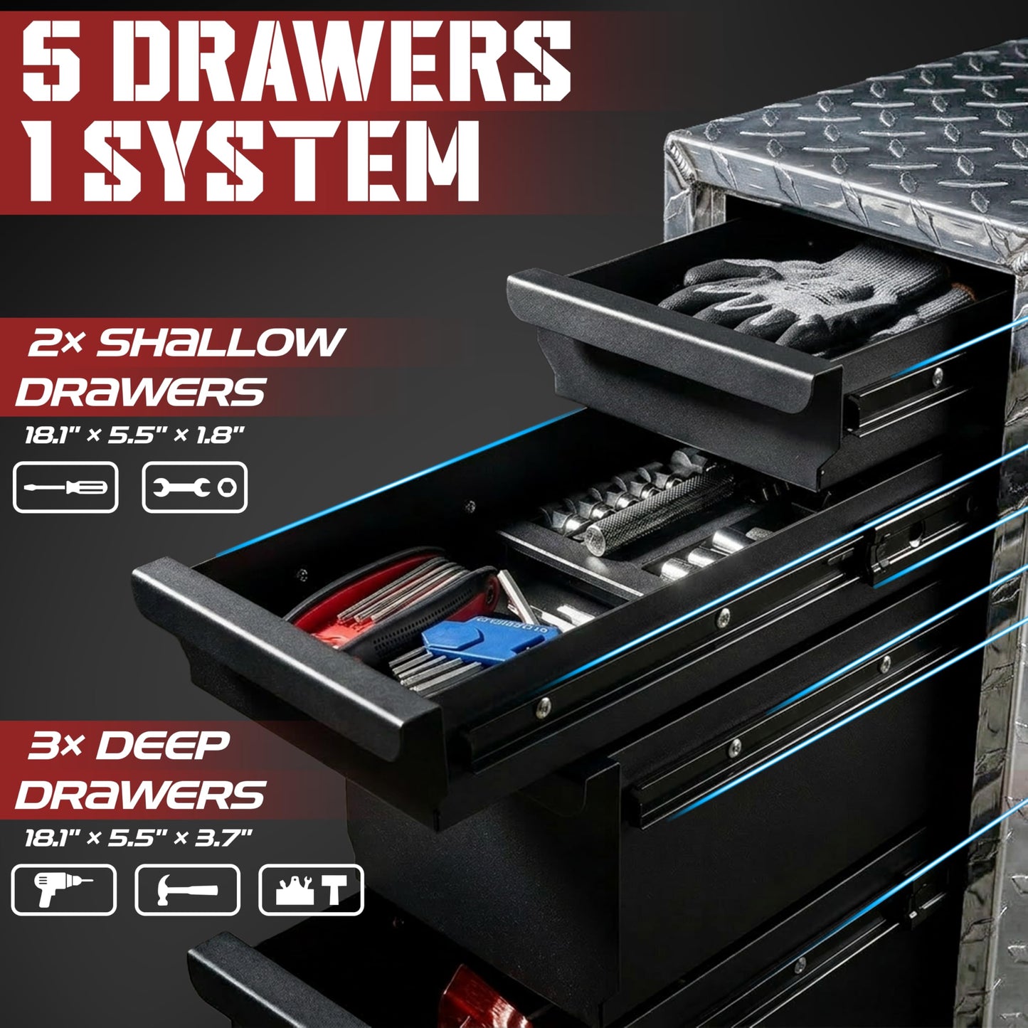 OLY-PRO Truck Bed Tool Box with 5-Drawer Slides | Lockable Heavy-Duty Tool Chest Storage for Pickup, Jobsite & Side Trucks | 8-Inch Toolbox with Key (Silver Aluminum)