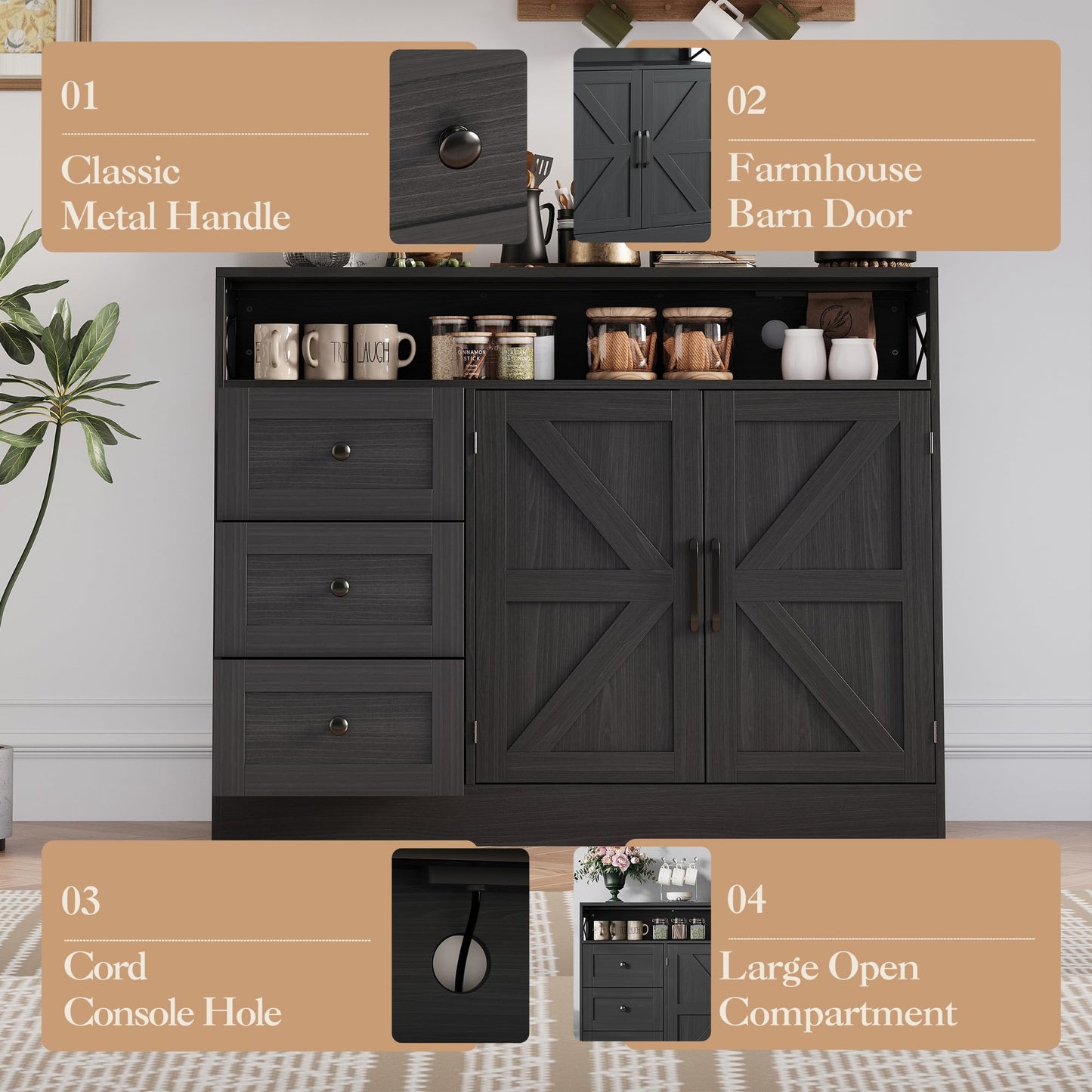 GAOMON 51Inch Sideboard Buffet Cabinet, Wood Rustic Coffee Bar Large Buffet Storage Cabinet with Drawers and Power Outlets Shelves Doors for Dining Kitchen Living Room, Black