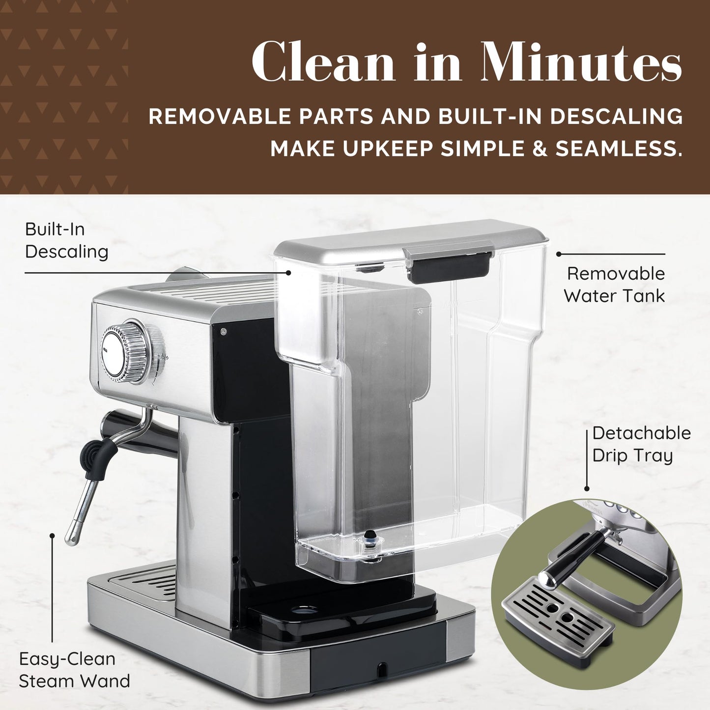 AMBRISTA Espresso Machine 20 Bar with Steam Milk Frother | Stainless Steel Espresso Maker with Customizable Brewing Temperature | 60oz Removable Water Tank | Perfect for Cappuccinos, Lattes and More