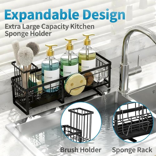Aurblozen Extra Large Extendable Sponge Holder - Rustproof Kitchen Sink Caddy Organizer | Black