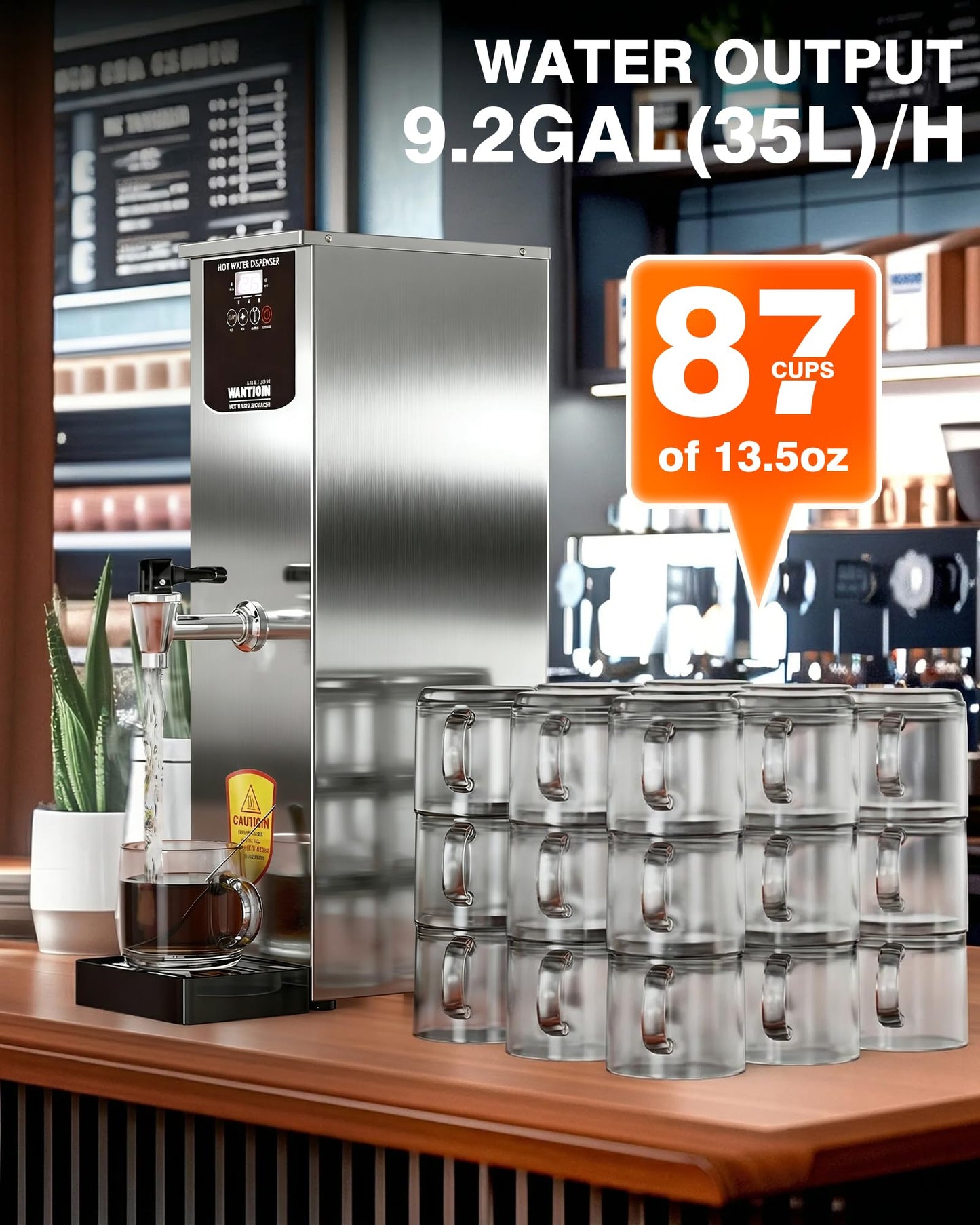 WantJoin Hot Water Dispenser - Commercial Water Boiler 35L(9.2 GAL)/H Step-Heating Adjustable Temperature Control 32°F - 212°F for Coffee Boba Tea Shop Office, Silver