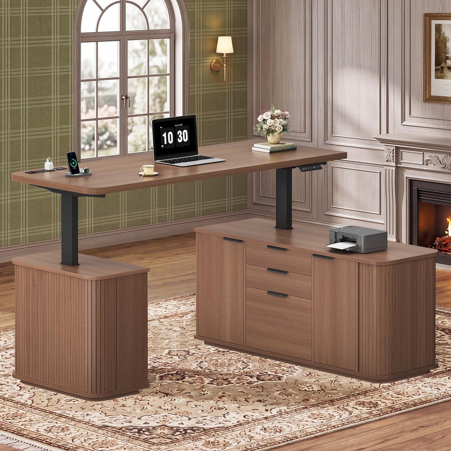 L Shaped Electric Standing Desk, 55.1" x 47.2" Height Adjustable Office Executive Desk with File Drawer & Sliding Door, Standing Computer Desks with Power Outlet & Cabinets, for Home Office, Walnut