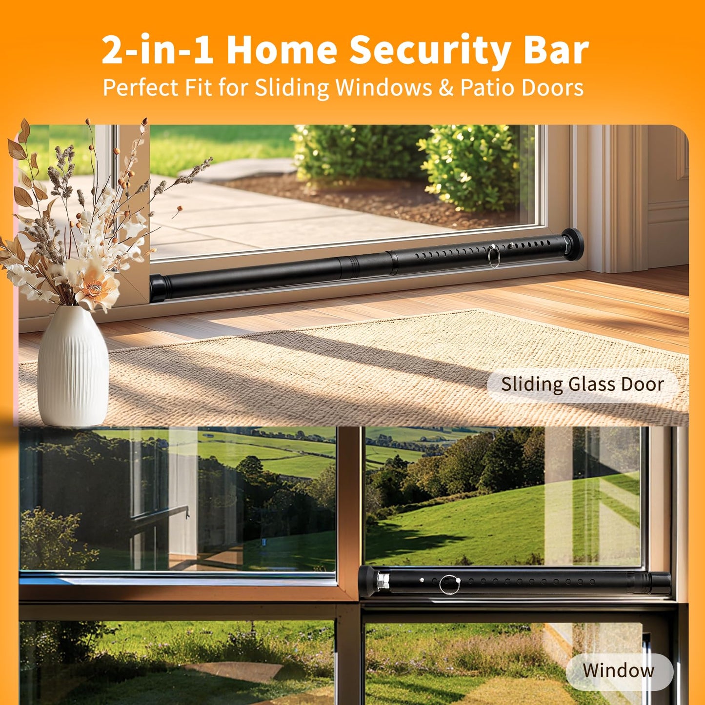 Sliding Door Security Bar 18"-51", Adjustable Sliding Door Lock Security Bar, Window Security Bars Inside for Sliding Glass Door Home Apartment Safety, Burglar Proof, Black, 2 Pack