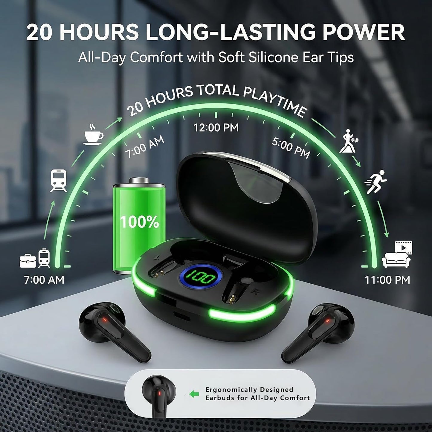BSWLMDD 5.3, 20-Hour Wireless Bluetooth Earbuds, Bluetooth Battery Life, Hi-Fi Stereo Sound, LED Digital Display