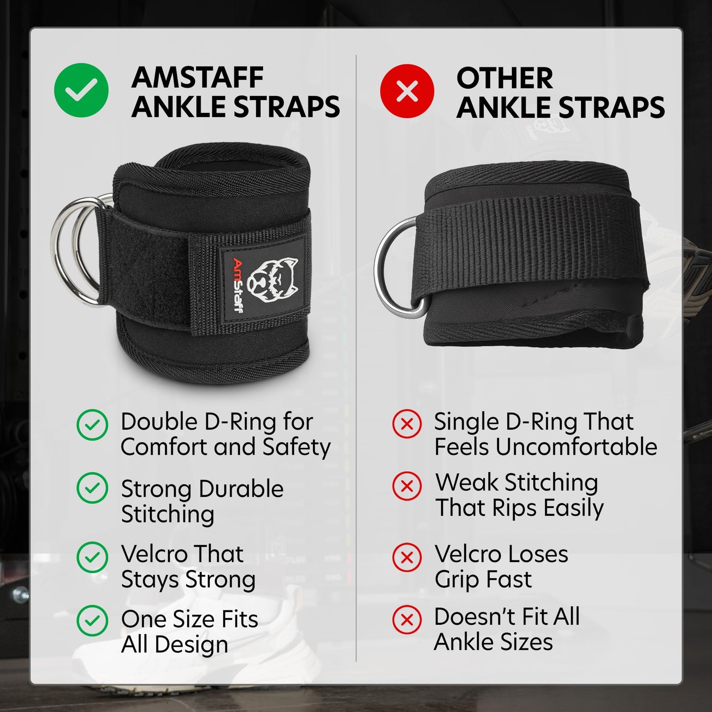 AmStaff Fitness Ankle Straps for Cable Machines – Padded Gym Ankle Cuffs for Glutes, Legs, and Booty Workouts – Adjustable Cable Attachments for Women & Men – One Size (Black)