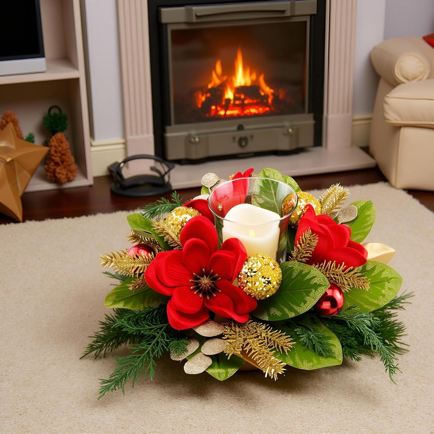 Skiennix 18" Centerpiece - Flameless LED Candle Holder with Red Magnolia & Gold Baubles for Holiday Decor