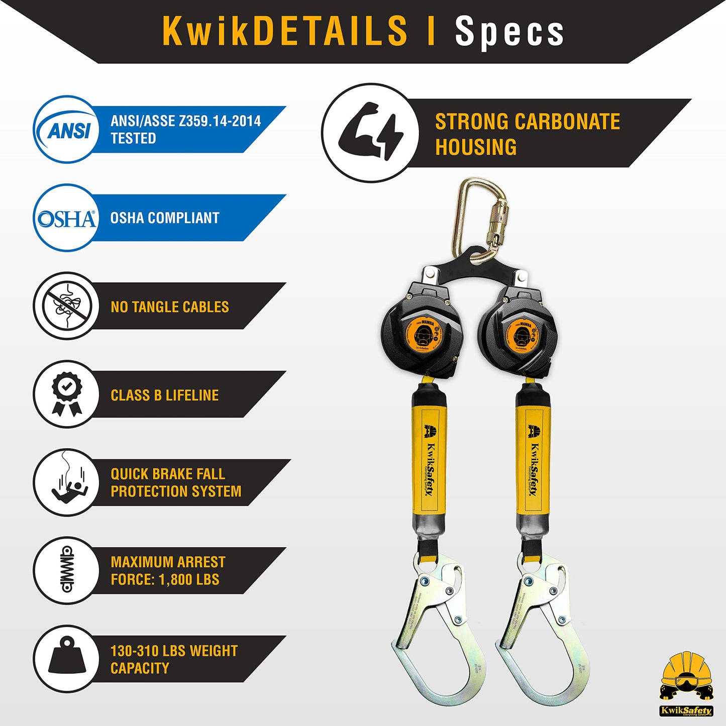 KwikSafety - 6' mini Mamba Twin-Leg Self Retracting Lifeline [NO Tangle Web] Class 1 Retractable Safety Lanyard SRL ANSI OSHA