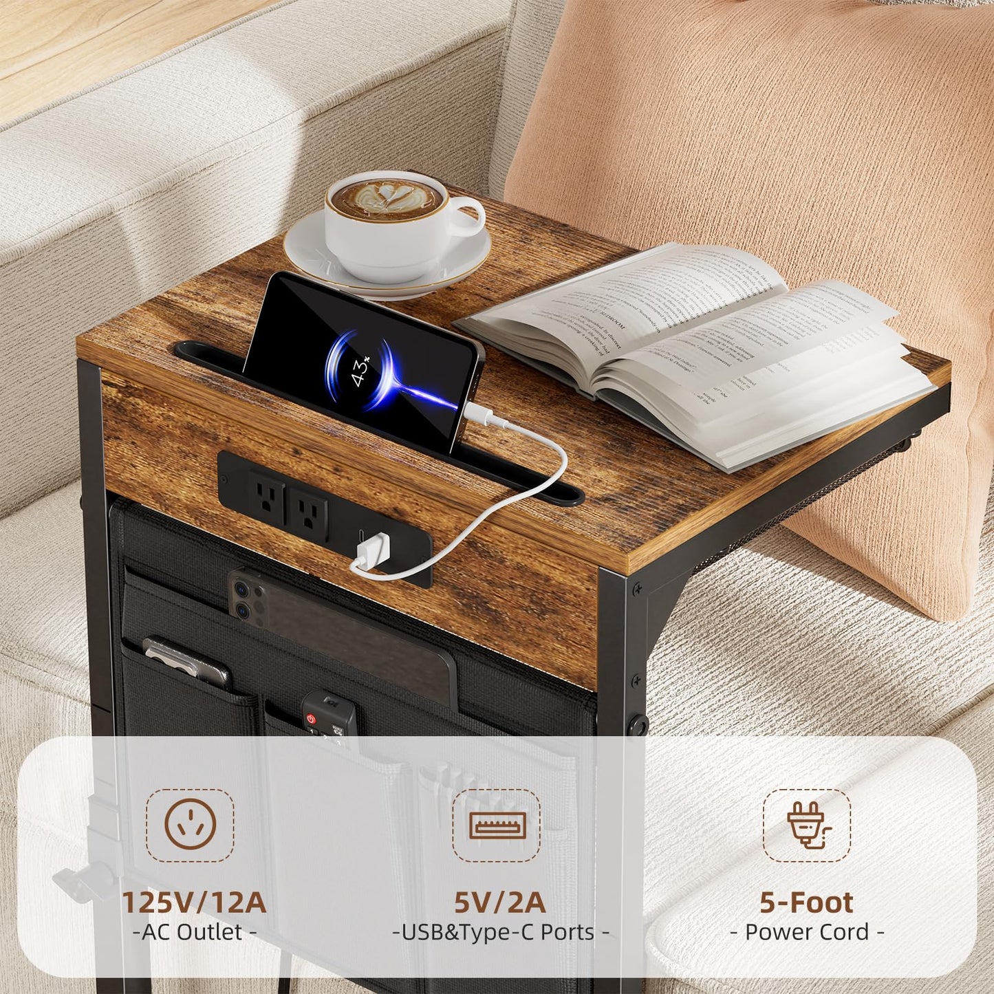 Simple Trending C Shaped End Table with Charging Station, Side Table Adjustable Height, Sofa Couch Table TV Tray with Storage Bag for Living Room, Rustic Brown