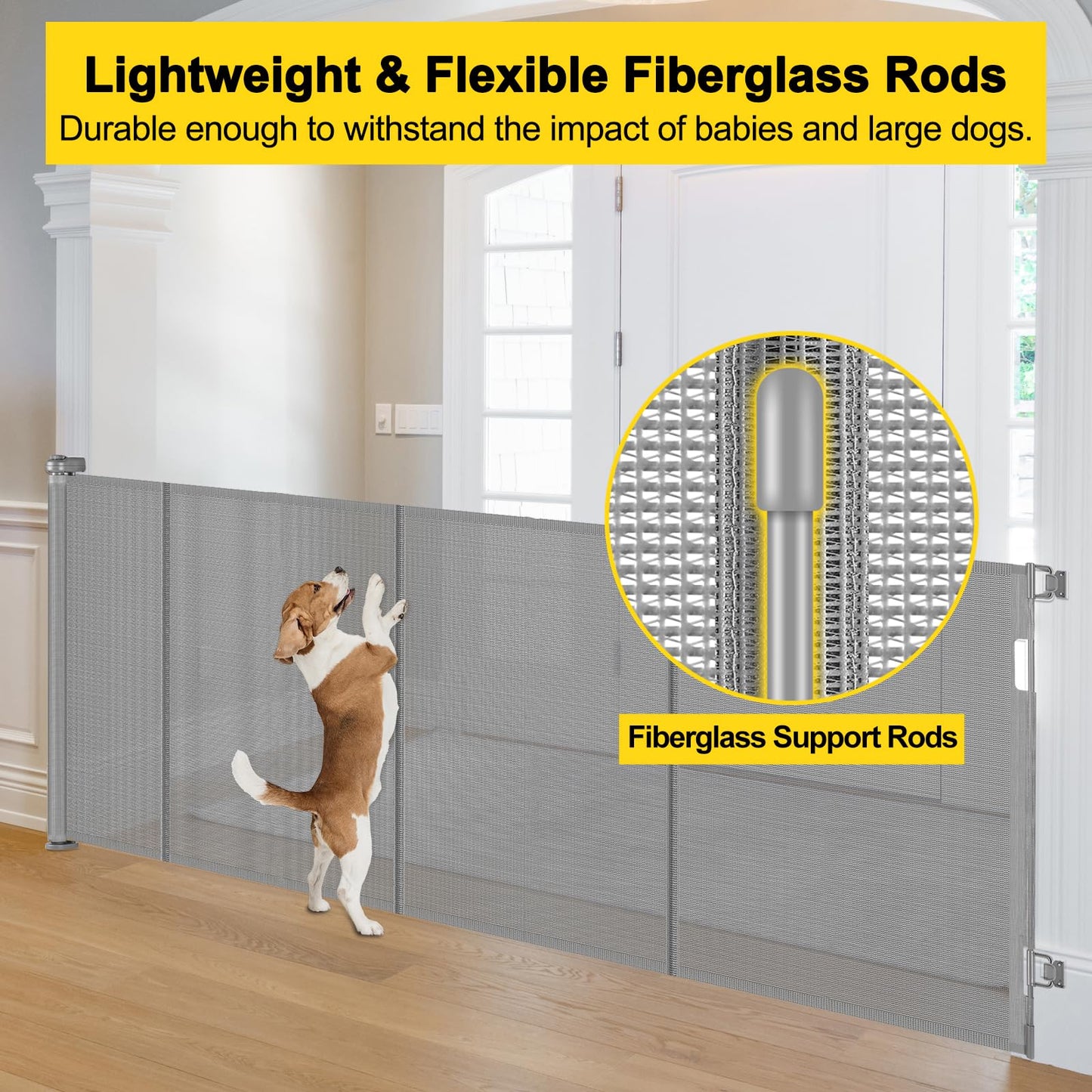Reinforced 42” Tall x 200” Extra Wide Retractable Gate, Tall Dog Gate with Support Rods, Extra Long Baby Gate for Large Opening Indoor Safety Gate for Doorways Outdoor Garage Gates for Dogs, Gray