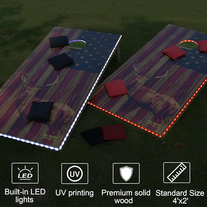 LED Cornhole Board Set 4FTx2FT Solid Wood Regulation Size Cornhole Set with LED Lights Includes 8 Cornhole Bags for Adults (USA Flag & Deer, 4'x2')