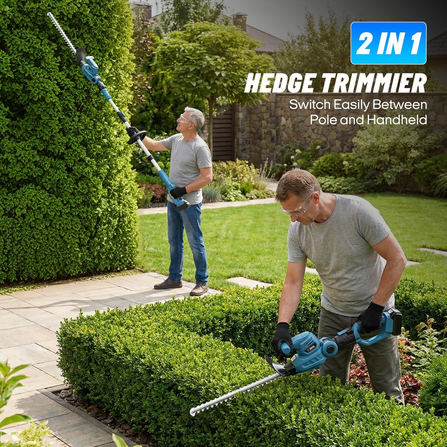 ZUYIYI Pole Hedge Trimmer Cordless for Makita 18V Battery, 2-in-1 Handheld & Long Reach Hedge Trimmer w/ 8.5FT Extension Pole, 20" Dual-Action, 3/4" Cutting Capacity, 150° Adjustable Head (Tool Only)