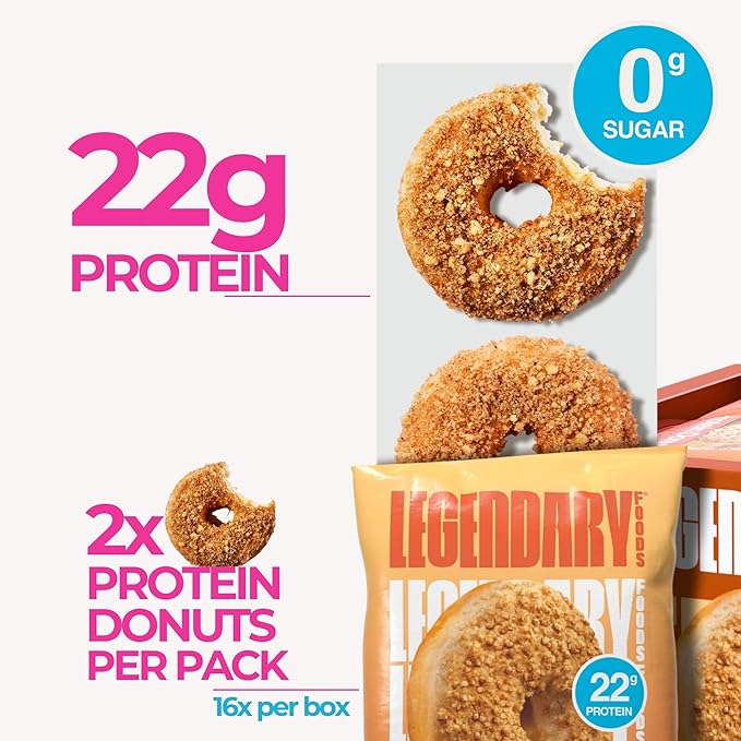 Legendary Foods 22gr Protein Donuts - Crumbly Cinnamon 8x (2 Donuts per Pack), High Protein, Zero Sugar, Gluten Free, Low Carb, Keto Friendly Snack, Healthy Donut for GLP-1, Diabetic, Bariatric Diets