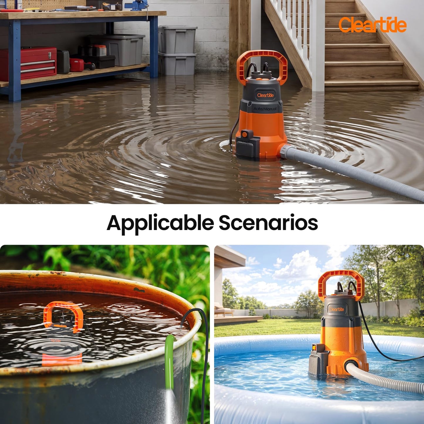 Cleartide 1/4 HP Submersible Utility Water Pump, 2160 GPH High Flow, Portable Sump Pump with Auto Water Sensor for Pool, Flooded Basement, Hot Tub, Pond Draining