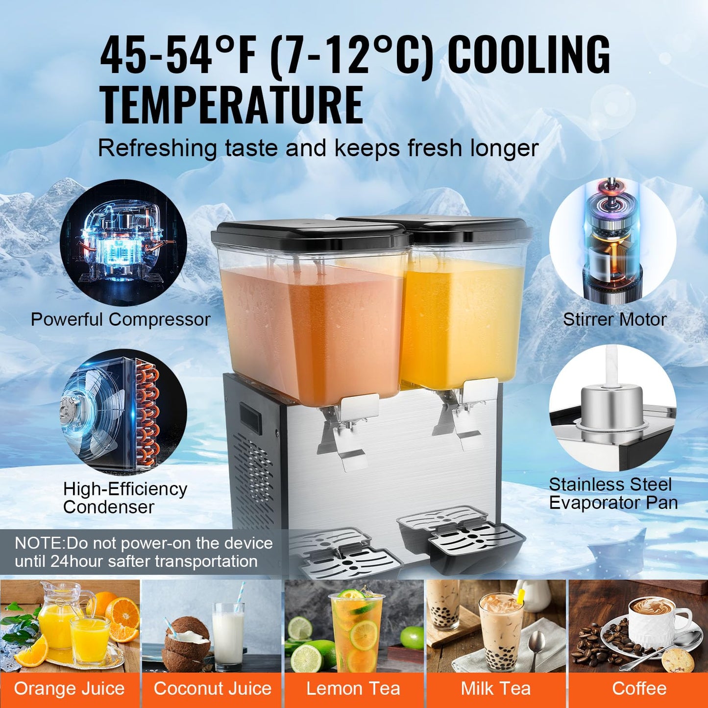 VEVOR Commercial Beverage Dispenser, 2 Tanks 18 L / 19 QT Per Tank Juice Dispenser, 370W Stainless Steel Ice Tea Drink Machine with 45°F-54°F Cooling Temperature, for Cold Drink Restaurant Bar Party